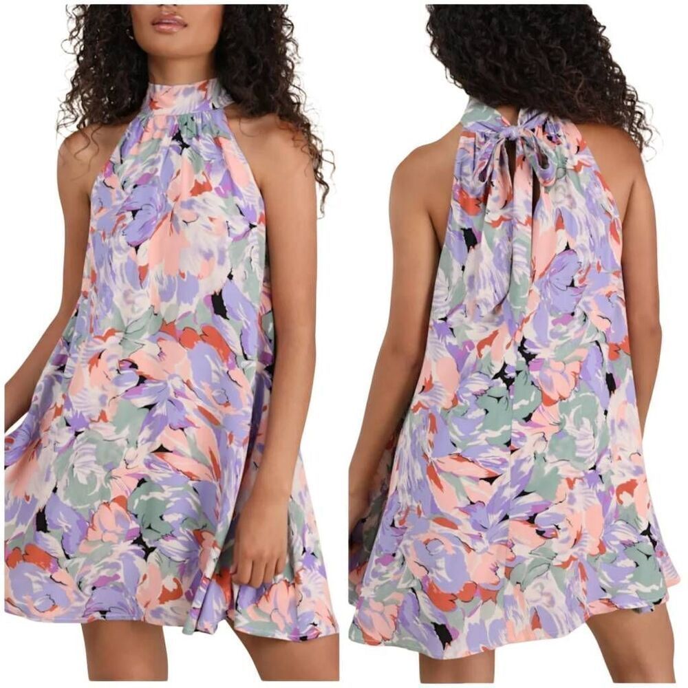 Lulus Tied Back To You Lavender Multi Floral Print Mini Shift Dress Size XS